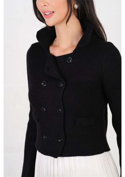 Perrin Polo Yaka Çapraz Düğmeli Triko Hırka Siyah fırsatları