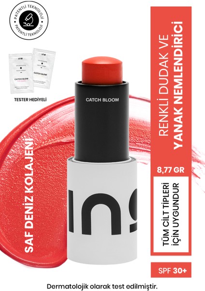 Catch Bloom Lip Cheek Stick Daylily 8,77 gr + Catch Glow Nemlendirici Krem (Altın/bronz)+ Ino Makyaj Çantası