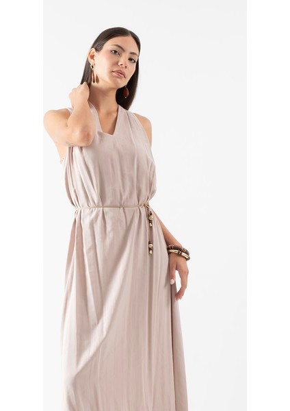 Elmaleh V Yaka Ince Kemerli Elbise Bej modelleri