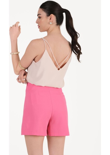 Paridina Önü Düğme Detaylı Mini Şort Fuşya modelleri
