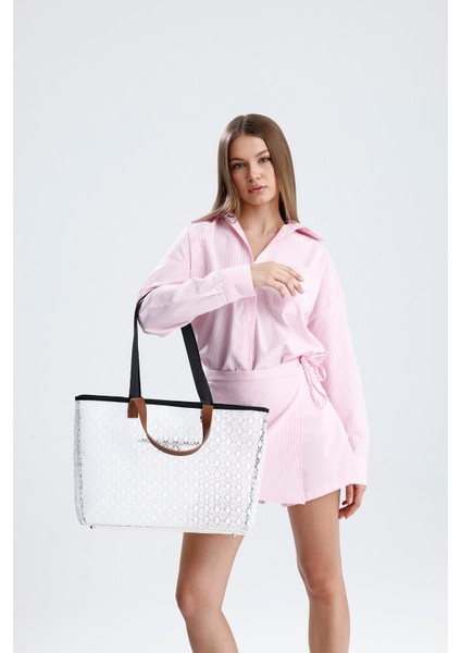 Kadın Beyaz Dantel Desenli Büyük Boy Plaj ve Alışveriş Shopper Tote Omuz Çantası indirimleri