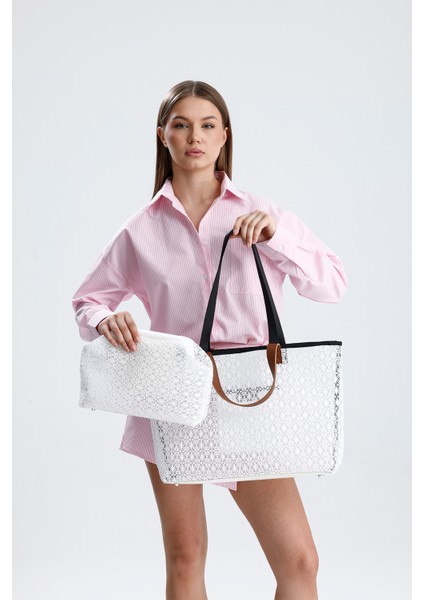 Kadın Beyaz Dantel Desenli Büyük Boy Plaj ve Alışveriş Shopper Tote Omuz Çantası
