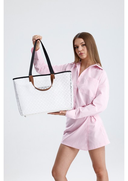 Kadın Beyaz Dantel Desenli Büyük Boy Plaj ve Alışveriş Shopper Tote Omuz Çantası