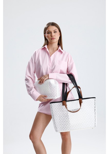 Kadın Beyaz Dantel Desenli Büyük Boy Plaj ve Alışveriş Shopper Tote Omuz Çantası