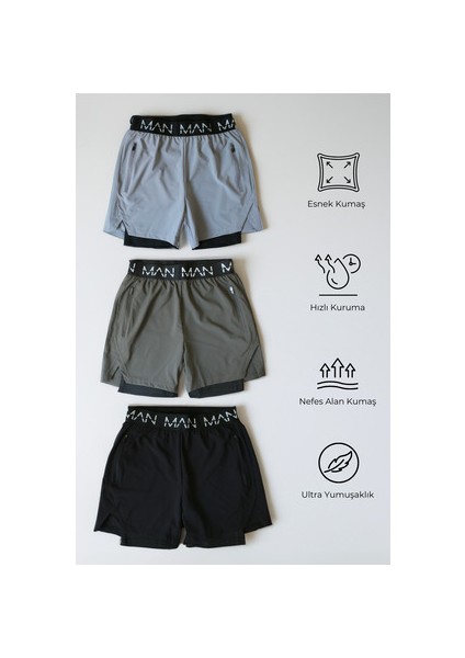 |3 Lü Paket| Unisex Gym ve Fitness Astarlı Taytlı Şort Yazılı Lastik