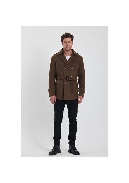 Erkek Kahverengi Kruvaze Yaka Dar Kalıp Kaşe Kaban