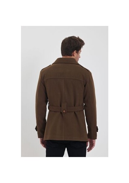 Erkek Kahverengi Kruvaze Yaka Dar Kalıp Kaşe Kaban