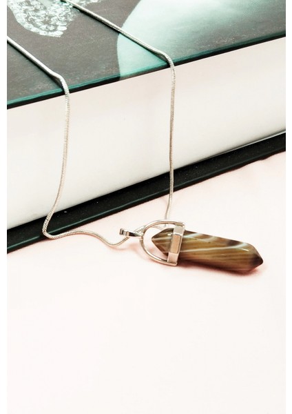 Kahverengi Akik Doğal Taşı Zincirli El Yapımı Tasarımlı Kolye Uç: 3,5 cm Zincir: 20 cm Kutulu fırsatları