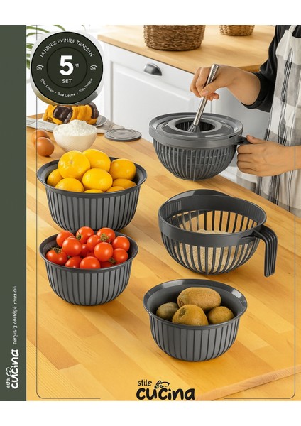 5 Parça Linea Çok Amaçlı Çeyiz Seti Yeşil 1x( Mikser Kabı 3lt) 1x(3 Boy Kase) 1x(Pirinç Süzgeçi 3lt)