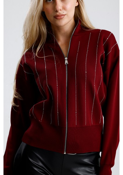 Fermuarlı Pike Örgü Taşlı Hırka,ceket