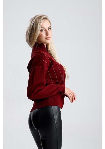 Fermuarlı Pike Örgü Taşlı Hırka,ceket