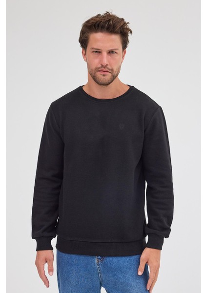 Erkek Siyah Standart Fit Normal Kesim Pamuklu Basic Bisiklet Yaka Sweatshirt