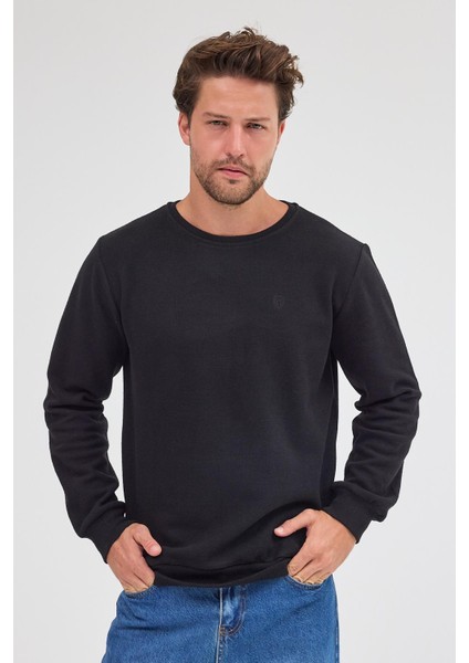 Erkek Siyah Standart Fit Normal Kesim Pamuklu Basic Bisiklet Yaka Sweatshirt fiyatları