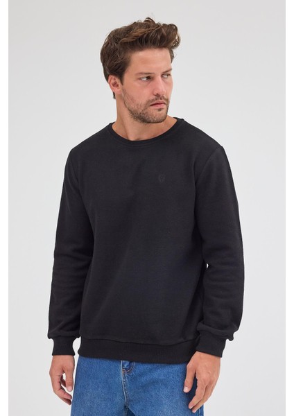 Erkek Siyah Standart Fit Normal Kesim Pamuklu Basic Bisiklet Yaka Sweatshirt modelleri