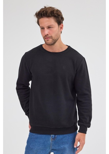 Erkek Siyah Standart Fit Normal Kesim Pamuklu Basic Bisiklet Yaka Sweatshirt fırsatları