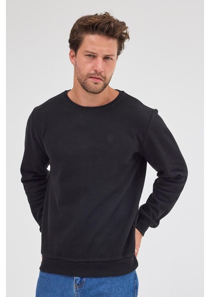 Erkek Siyah Standart Fit Normal Kesim Pamuklu Basic Bisiklet Yaka Sweatshirt indirimleri