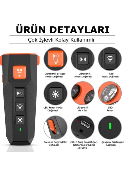 SLU07 Köpek Kovucu 3 Ultrasonik Vericili Flaşörlü Şarjlı 4 Modlu Köpek Savar Değişken Frekans LED El Feneri Köpek Uzaklaştırıcı Dazer Iı Muadili Kumandalı Köpek Eğitim Cihazı