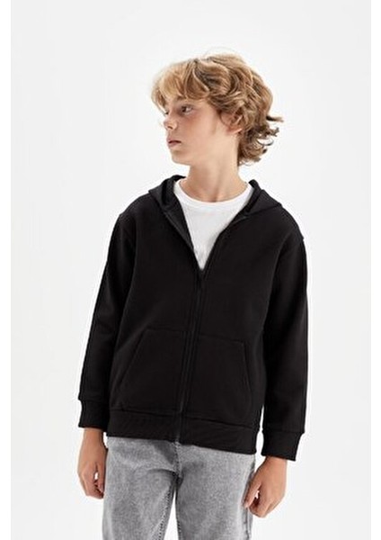 Erkek Çocuk Basic Düz Siyah Kapüşonlu Fermuarlı Cepli Okul Hırkası X7382A624AU modelleri