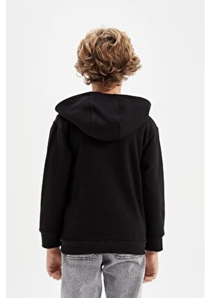 Erkek Çocuk Basic Düz Siyah Kapüşonlu Fermuarlı Cepli Okul Hırkası X7382A624AU