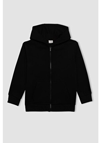 Erkek Çocuk Basic Düz Siyah Kapüşonlu Fermuarlı Cepli Okul Hırkası X7382A624AU