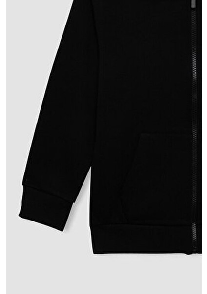 Erkek Çocuk Basic Düz Siyah Kapüşonlu Fermuarlı Cepli Okul Hırkası X7382A624AU