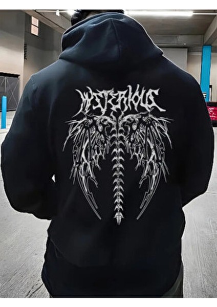 Gotik Baskılı Unisex Oversize/rahat Kesim Basic Kalın/içi Polarlı Kapşonlu Sweatshirt