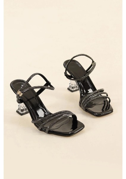 Iribu Kadın Taşlı Şeffaf Topuklu Sandalet – Abiye / Gümüş – Orta Topuklu Şeffaf Bantlı Ayakkabı