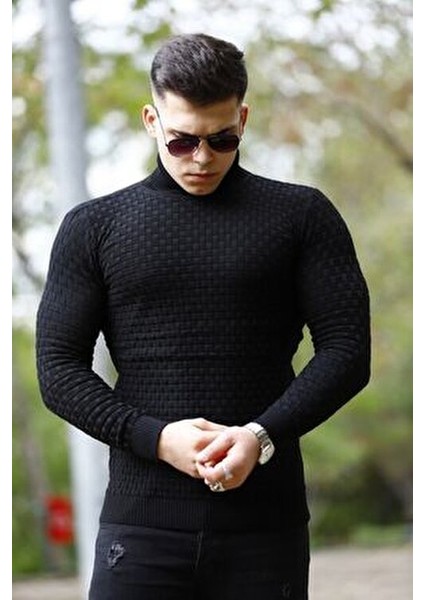 Erkek Desenli Günlük Balıkçı Yaka Siyah Triko Kazak