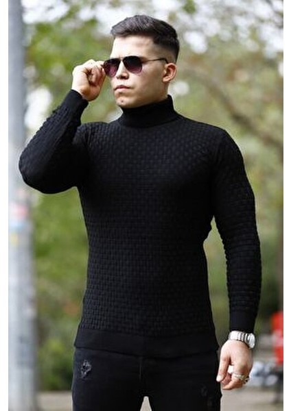 Erkek Desenli Günlük Balıkçı Yaka Siyah Triko Kazak modelleri