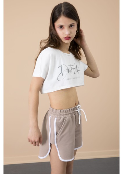 Kahve Yanları Yırtmaçlı Çiçek Baskılı Beli Lastikli Kız Çocuk Şort 20738