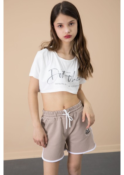 Kahve Yanları Yırtmaçlı Çiçek Baskılı Beli Lastikli Kız Çocuk Şort 20738 fiyatları