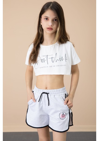 Gri Yanları Yırtmaçlı Çiçek Baskılı Beli Lastikli Kız Çocuk Şort 20740 fiyatları