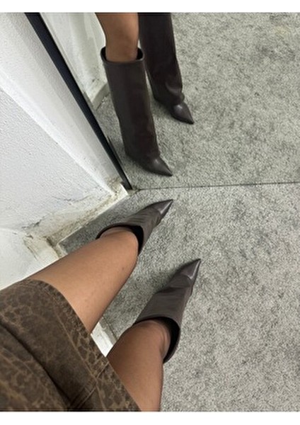 Kadın Suni Deri Topuklu Çizme Kalın Topuklu Acı Kahverengi Kışlık Kullanım