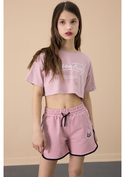 Koyu Pembe Yanları Yırtmaçlı Çiçek Baskılı Beli Lastikli Kız Çocuk Şort 20739