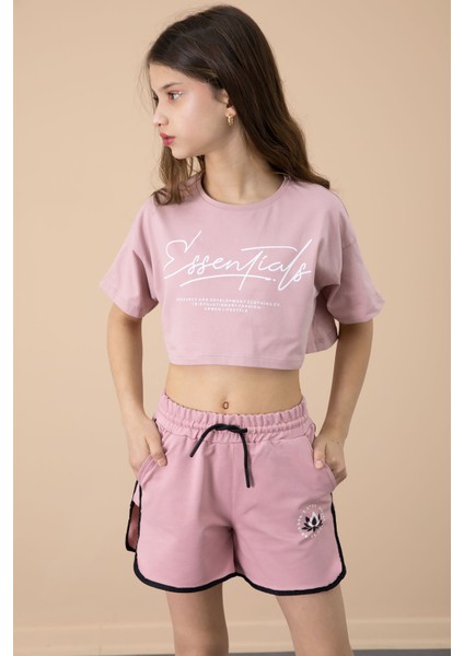 Koyu Pembe Yanları Yırtmaçlı Çiçek Baskılı Beli Lastikli Kız Çocuk Şort 20739 modelleri