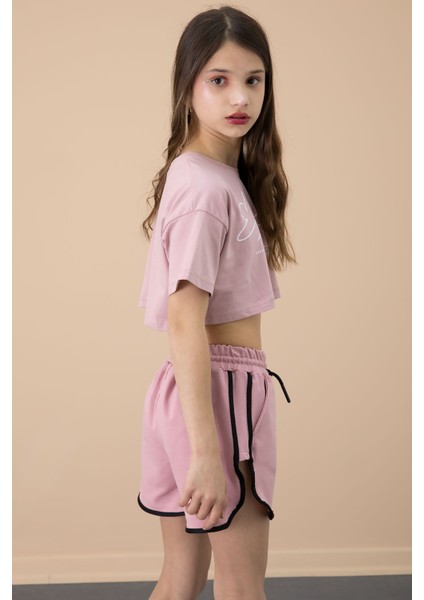 Koyu Pembe Yanları Yırtmaçlı Çiçek Baskılı Beli Lastikli Kız Çocuk Şort 20739 fırsatları