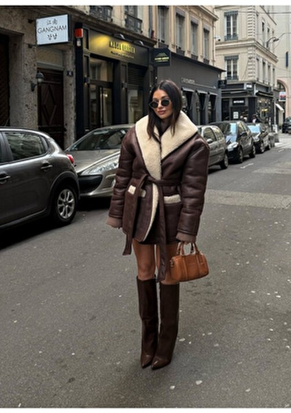 Kadın Suni Deri Topuklu Çizme Kalın Topuklu Acı Kahverengi Kışlık Kullanım