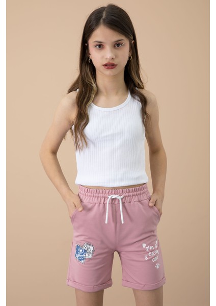 Gül Kurusu Patili Cute Baskılı Kız Çocuk Beli Lastikli Şort 20728