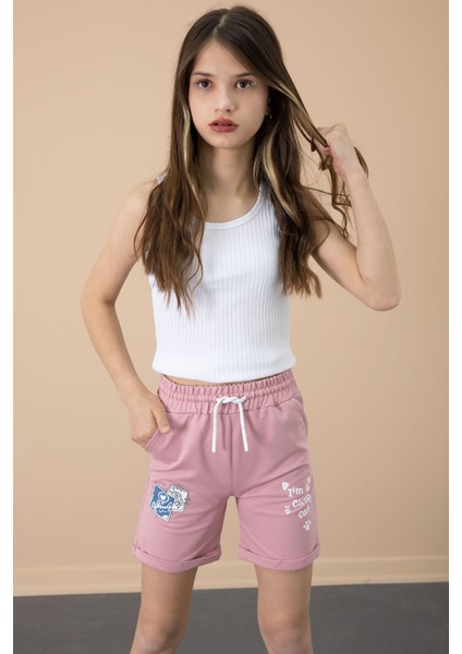 Gül Kurusu Patili Cute Baskılı Kız Çocuk Beli Lastikli Şort 20728 modelleri