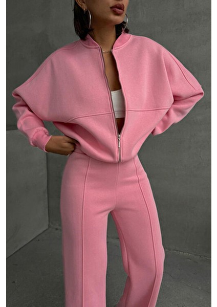 Kadın Şardonlu Üç İplik Eşofman Takımı GTS018 Pembe Pamuklu Günlük Kışlık Rahat Tasarım