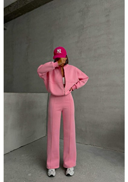 Kadın Şardonlu Üç İplik Eşofman Takımı GTS018 Pembe Pamuklu Günlük Kışlık Rahat Tasarım modelleri