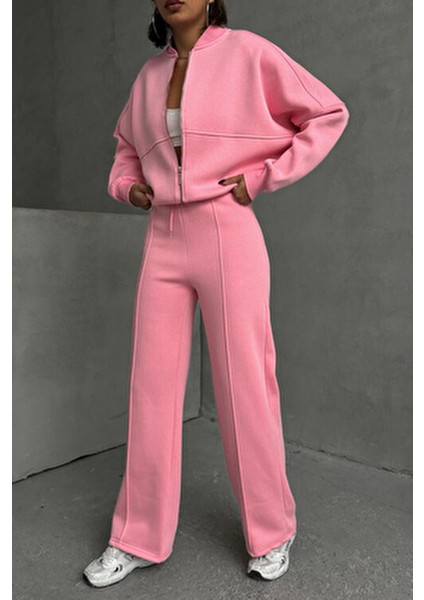 Kadın Şardonlu Üç İplik Eşofman Takımı GTS018 Pembe Pamuklu Günlük Kışlık Rahat Tasarım fırsatları