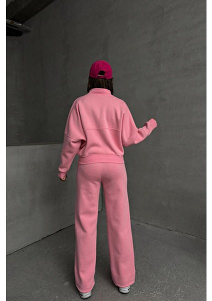 Kadın Şardonlu Üç İplik Eşofman Takımı GTS018 Pembe Pamuklu Günlük Kışlık Rahat Tasarım
