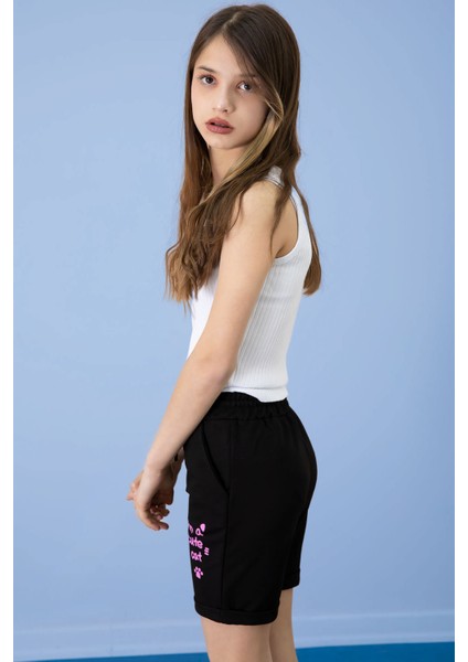 Siyah Patili Cute Baskılı Kız Çocuk Beli Lastikli Şort 20726 modelleri