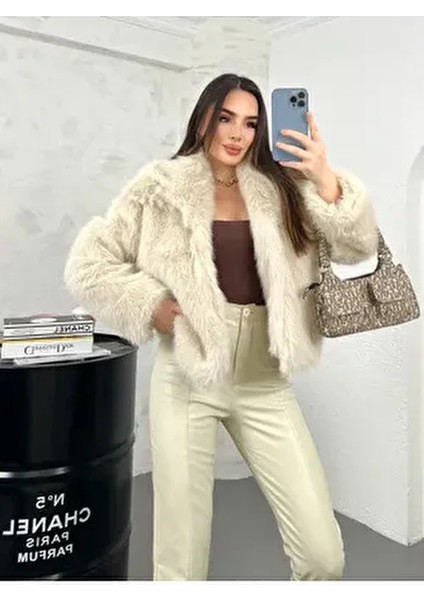 Taş Rengi Kadın Premium Kürk Uzun Kol Fermuarlı Yaka Astarlı Pelüş Günlük Model indirimleri