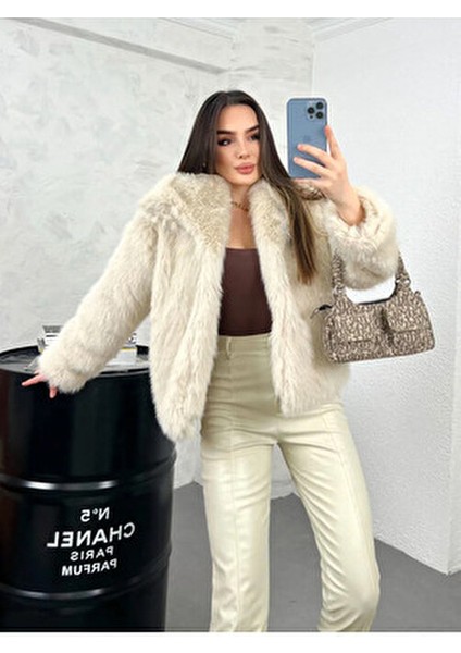 Taş Rengi Kadın Premium Kürk Uzun Kol Fermuarlı Yaka Astarlı Pelüş Günlük Model