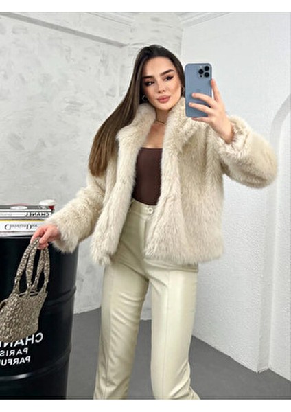 Taş Rengi Kadın Premium Kürk Uzun Kol Fermuarlı Yaka Astarlı Pelüş Günlük Model