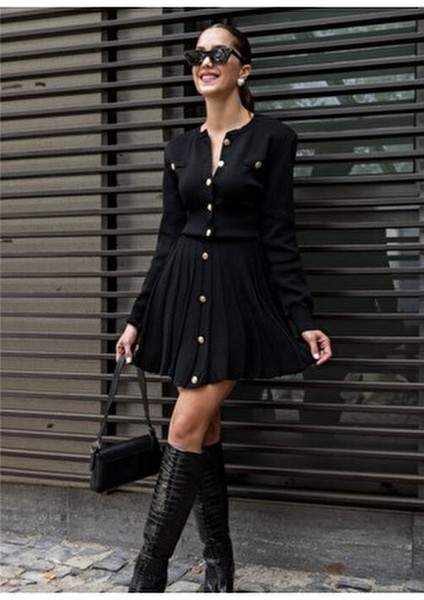 Siyah Gold Düğmeli Triko Pileli Hırka Etek Takım Xs-S-M Bedene Uygundur. fiyatları