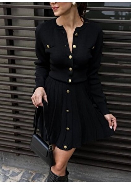 Siyah Gold Düğmeli Triko Pileli Hırka Etek Takım Xs-S-M Bedene Uygundur. modelleri