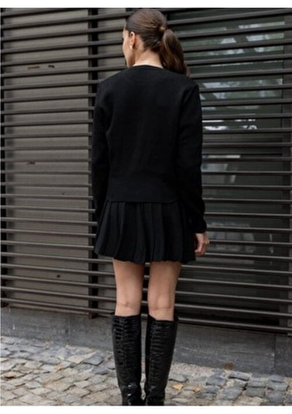 Siyah Gold Düğmeli Triko Pileli Hırka Etek Takım Xs-S-M Bedene Uygundur. fırsatları